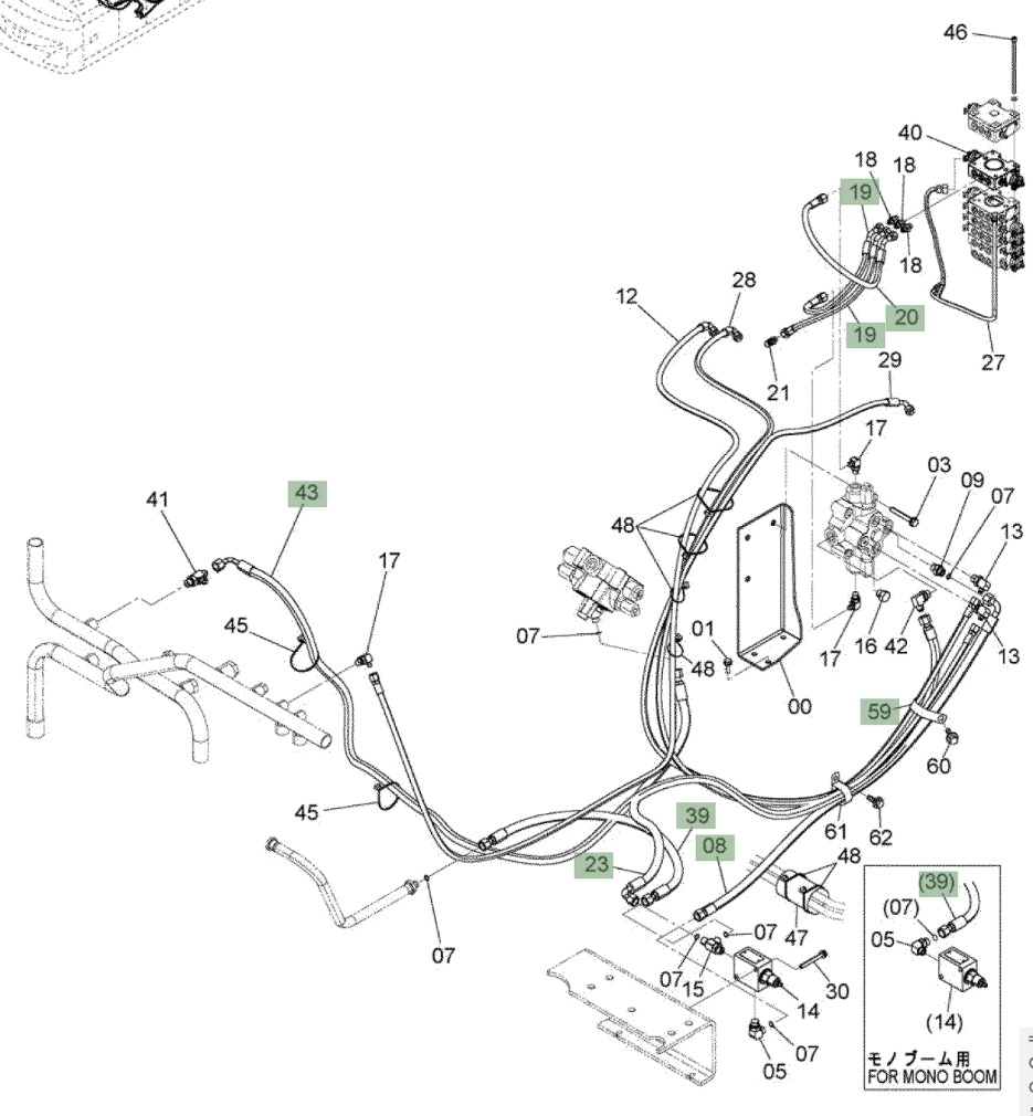 Hitachi ZX210W-3 installation diagram showing hydraulic hose 9286830 at Pipe No. 28