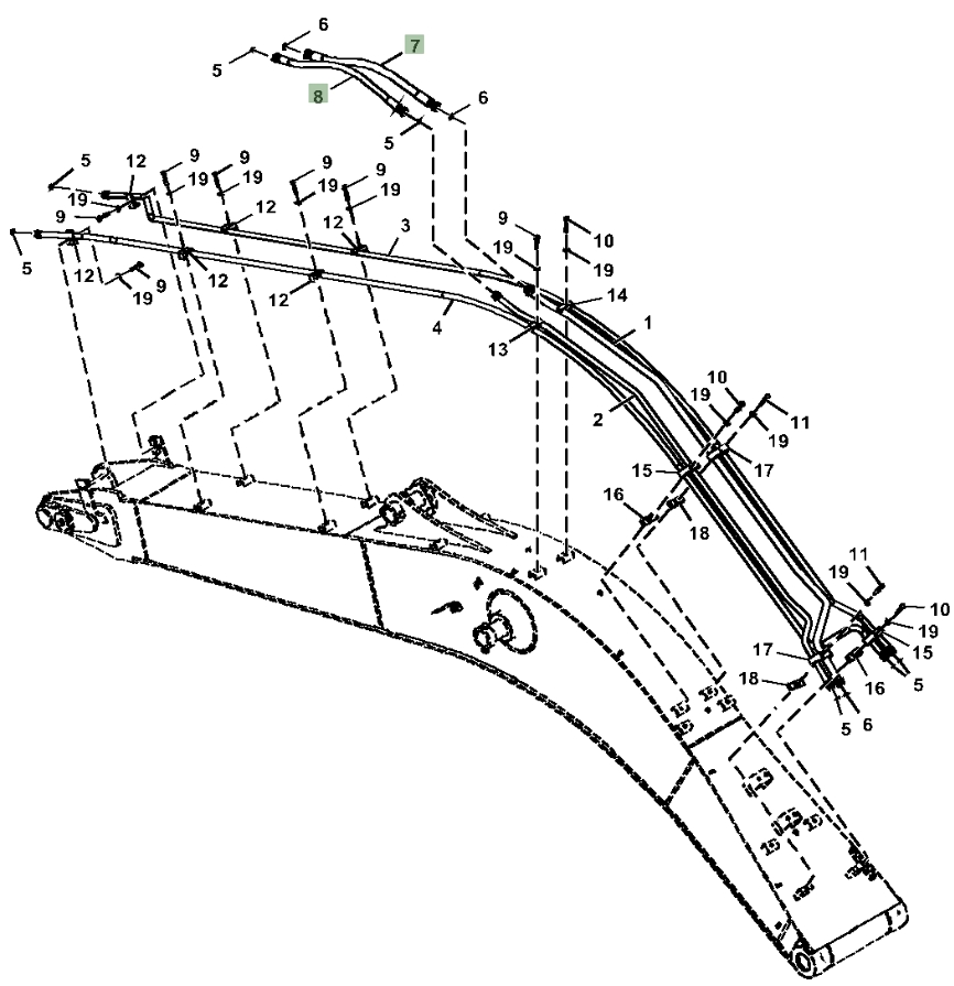 Hitachi ZX210-5A installation diagram showing hydraulic hose 4676586 at Pipe No. 8