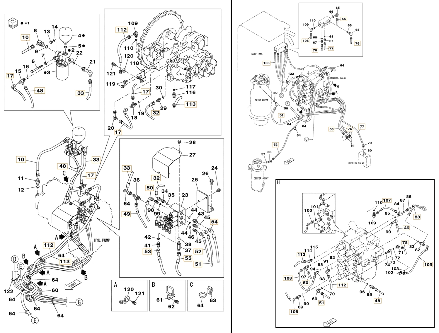 Case CX180B installation diagram showing hydraulic hose KHJ13670 at Pipe No. 76