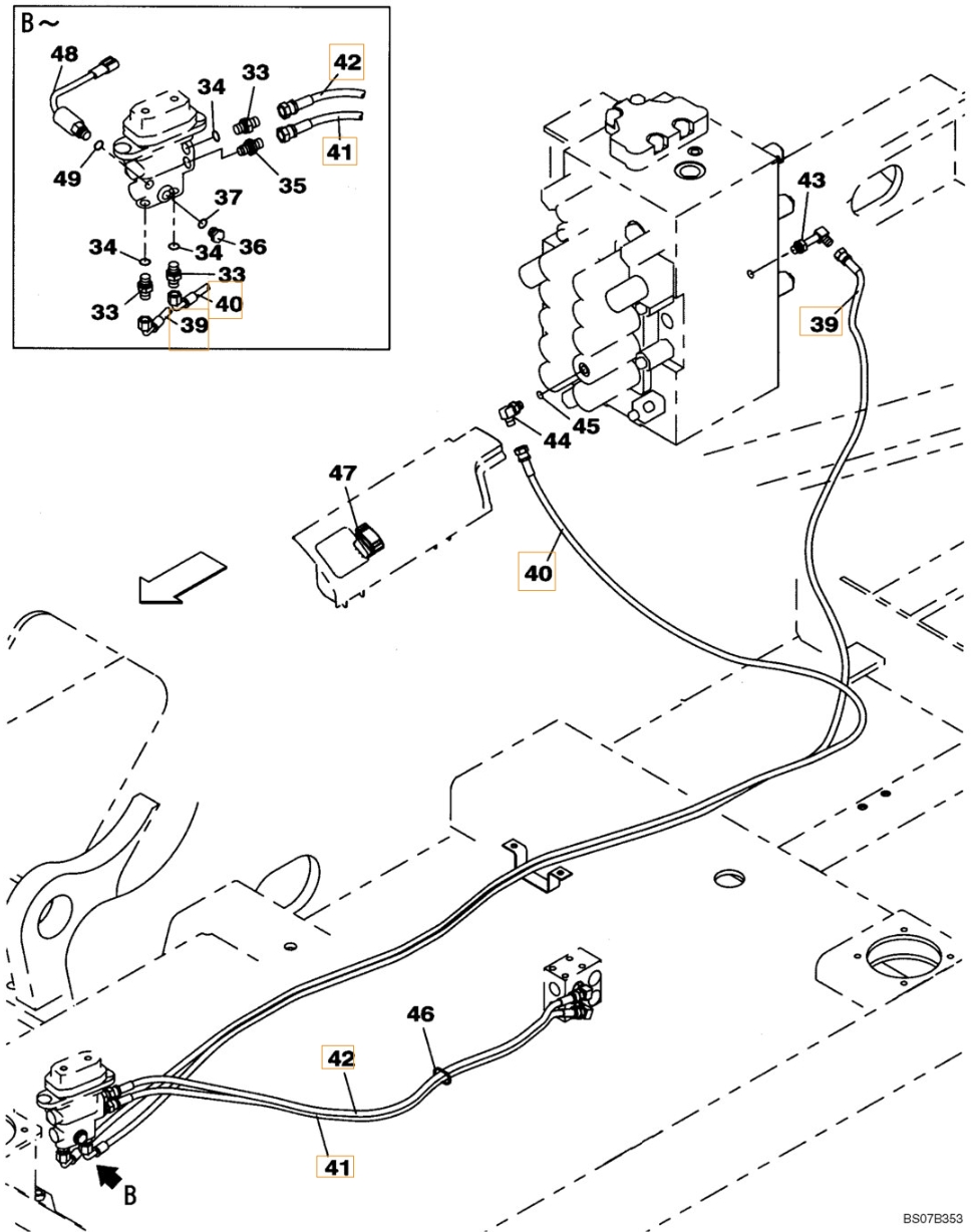 Case CX240BLR installation diagram showing hydraulic hose KHJ2165 at Pipe No. 39