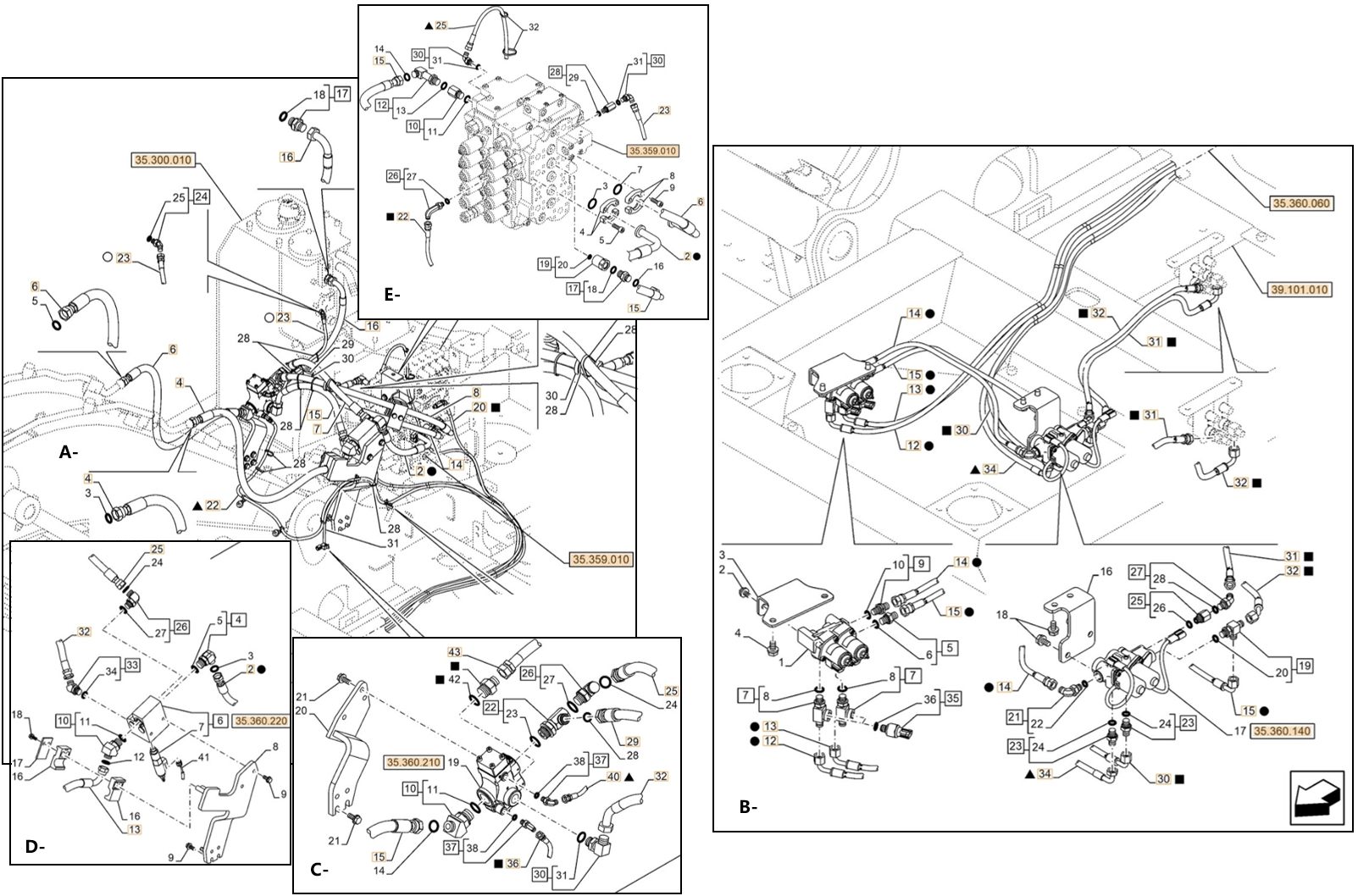 Case CX130E LC installation diagram showing hydraulic hose KHJ13660 at Pipe No. B30-E25
