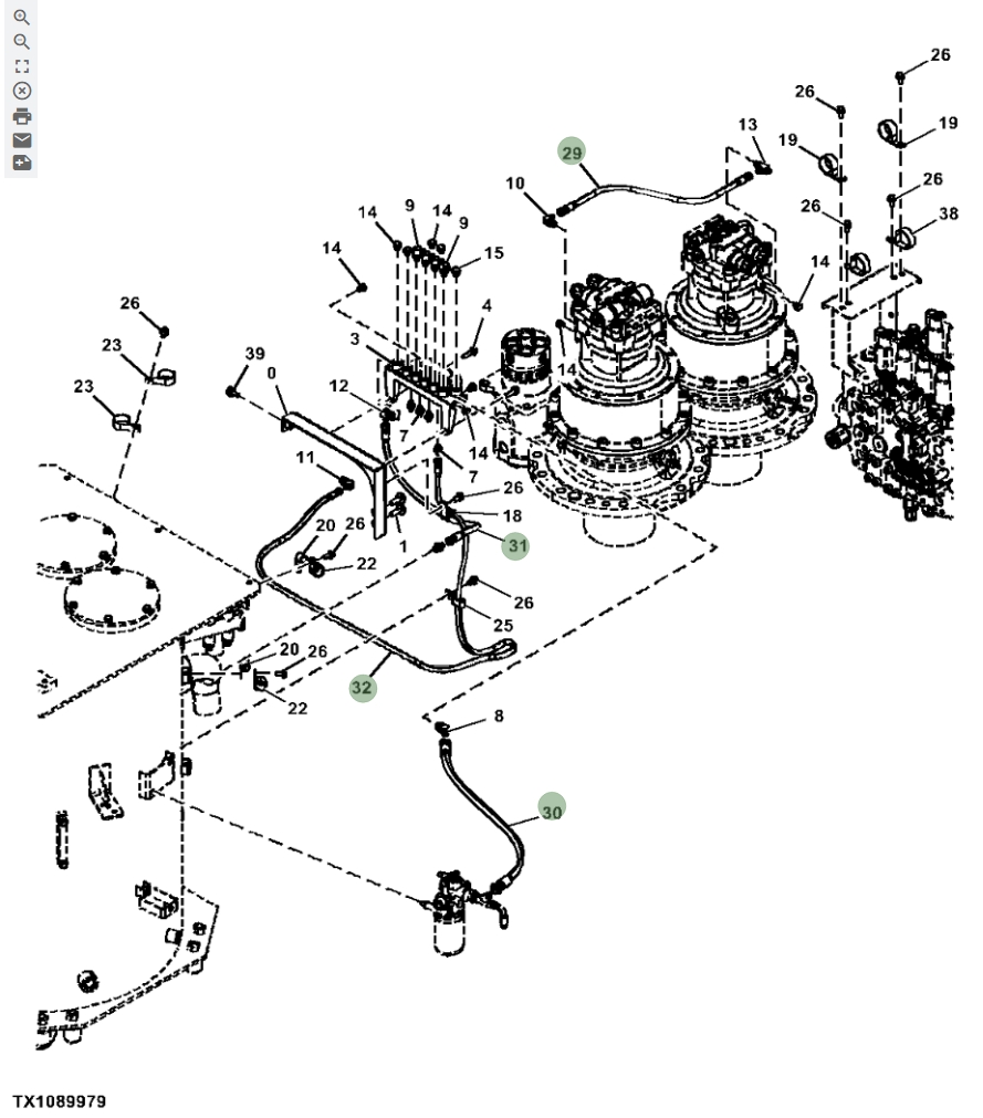 Hitachi ZX670LC-6 installation diagram showing hydraulic hose 4304463 at Pipe No. 30