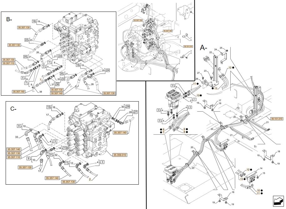 Case CX180D LC installation diagram showing hydraulic hose KHJ2198 at Pipe No. A7-B1