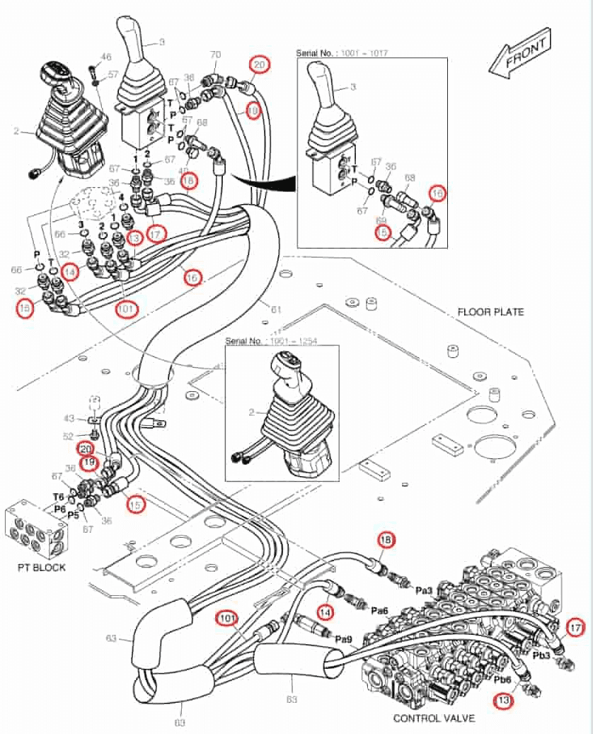 Doosan DX62R-3 installation diagram showing hydraulic hose DS2093190 at Pipe No. 17