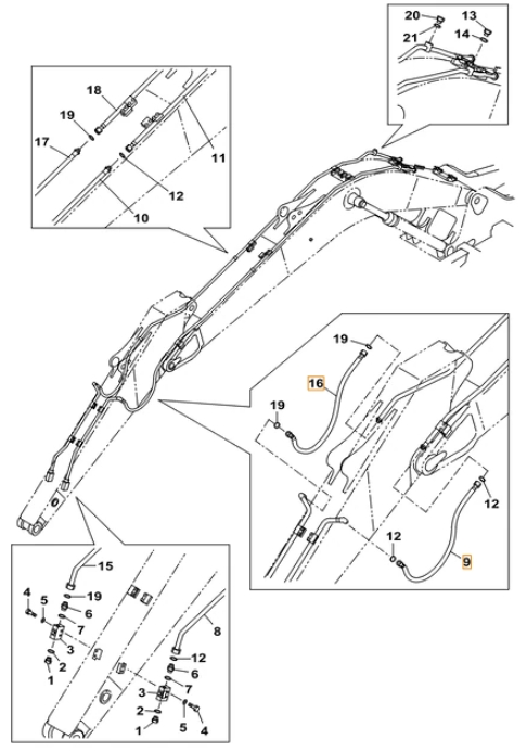 Case CX220C installation diagram showing hydraulic hose KRV19740 at Pipe No. 9