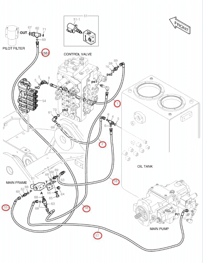 Doosan DX140LCR-5 installation diagram showing hydraulic hose DS2121044 at Pipe No. 56