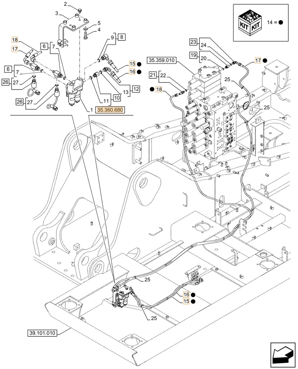 Case CX210D NLC 2PB installation diagram showing hydraulic hose KHJ13660 at Pipe No. 17