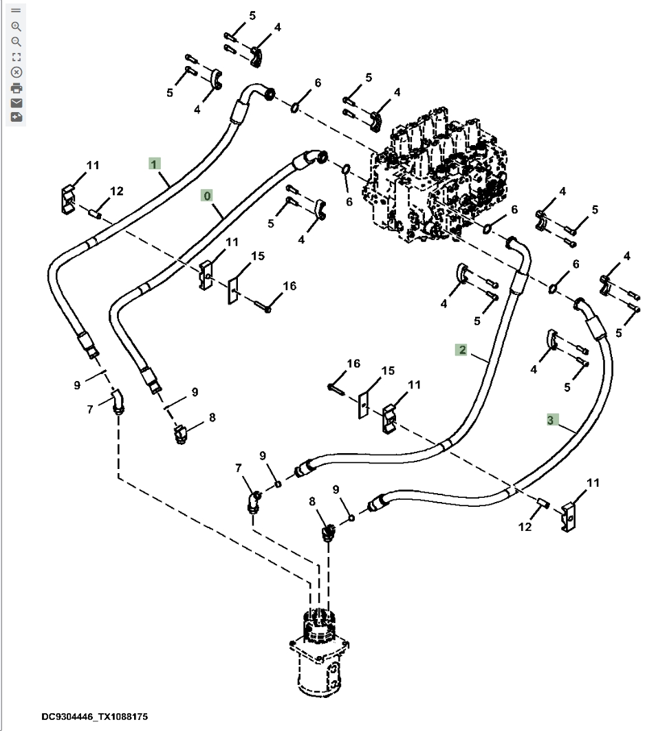 Hitachi ZX870LC-5B installation diagram showing hydraulic hose 4642438 at Pipe No. 0
