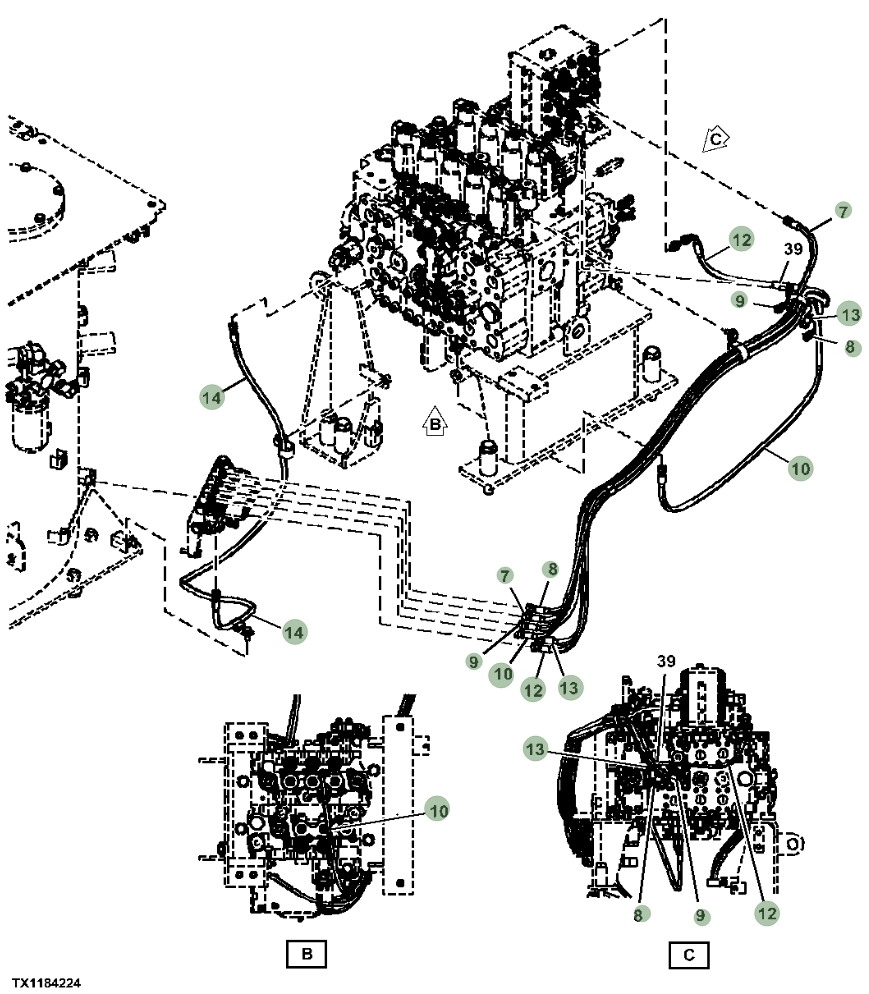 Hitachi ZX470-5A installation diagram showing hydraulic hose 4713496 at Pipe No. 13