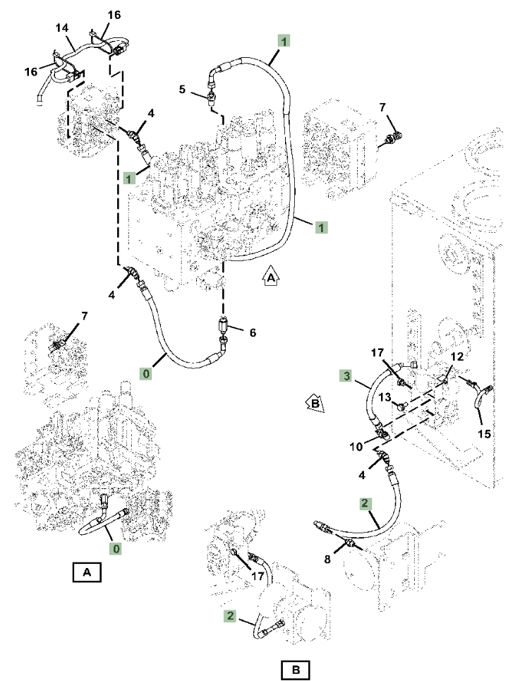 Hitachi ZX190W-6N installation diagram showing hydraulic hose 4628865 at Pipe No. 1
