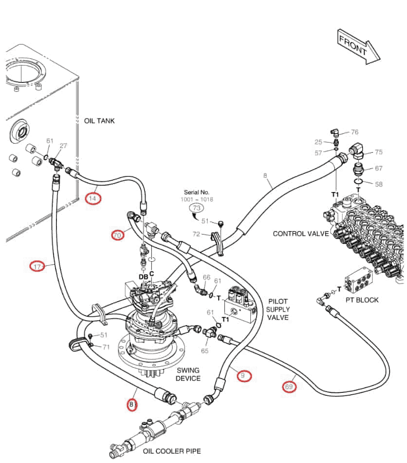 Doosan DX85R-3 installation diagram showing hydraulic hose DS20531180 at Pipe No. 8