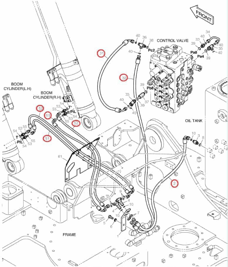 Doosan DX140LCR-3 installation diagram showing hydraulic hose DS2123123 at Pipe No. 31