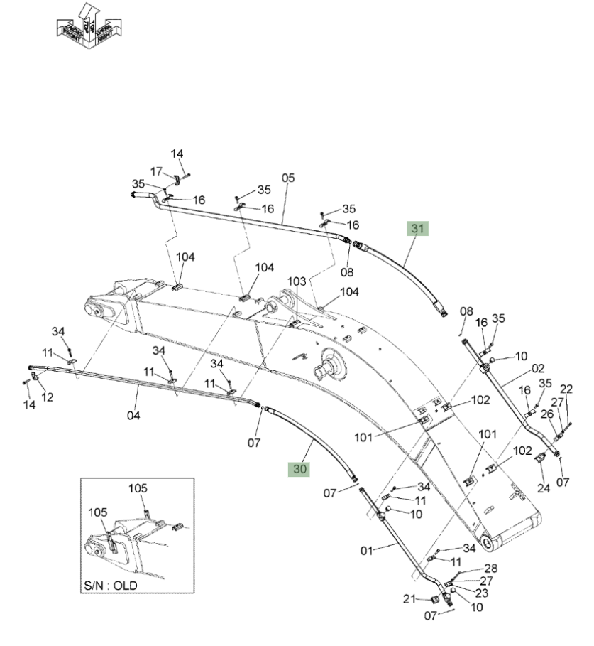 Hitachi ZX210W-3 installation diagram showing hydraulic hose 4640918 at Pipe No. 31