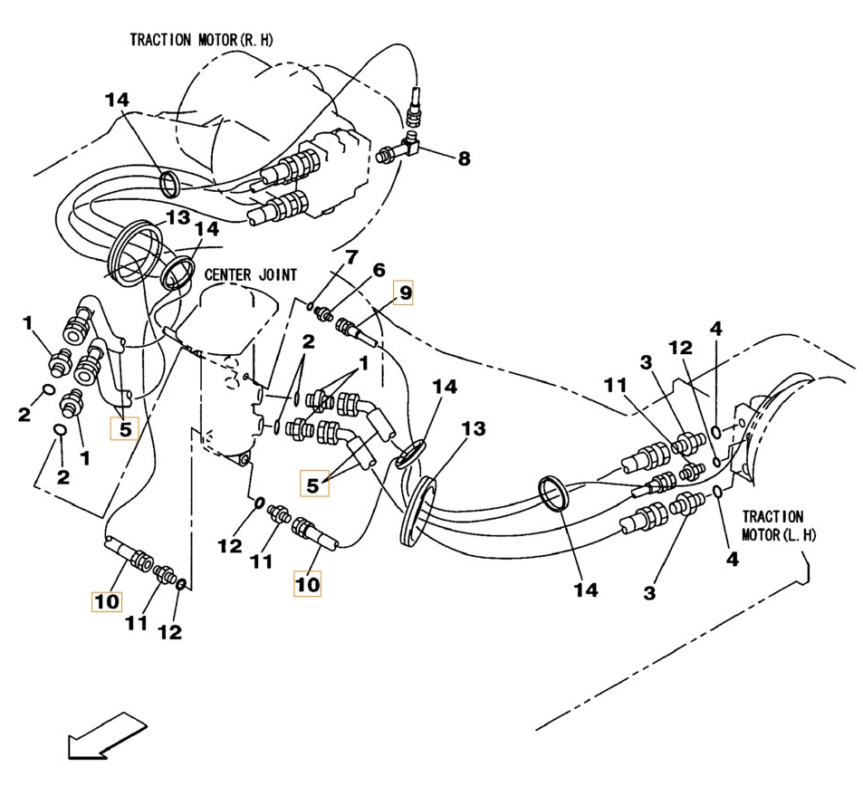 Case CX160B installation diagram showing hydraulic hose KHJ1144 at Pipe No. 10