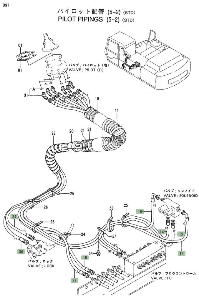 Hitachi EX300LC-3 installation diagram showing hydraulic hose 4287546 at Pipe No. 36