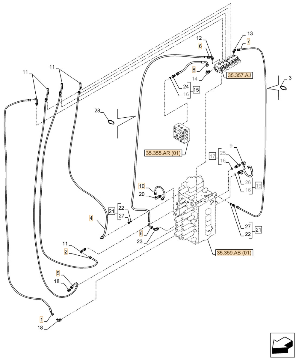 Case CX370D LC installation diagram showing hydraulic hose KHJ2190 at Pipe No. 7