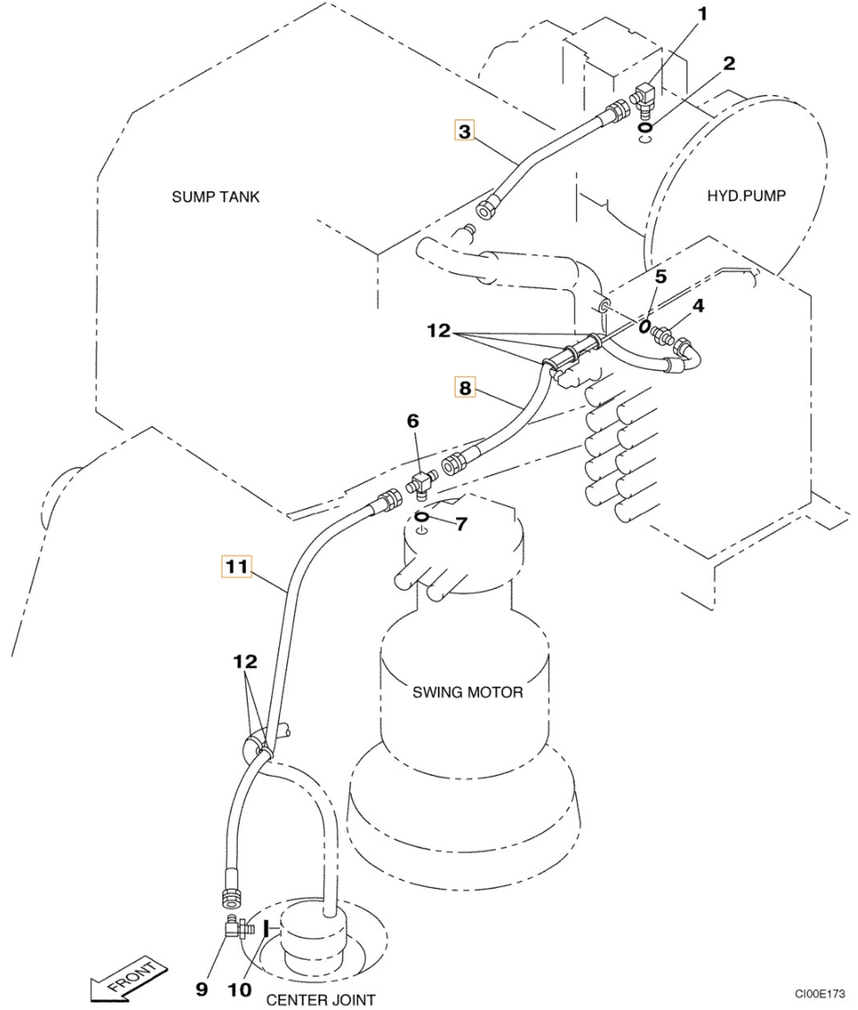Case CX210LR installation diagram showing hydraulic hose 163805A1 at Pipe No. 11