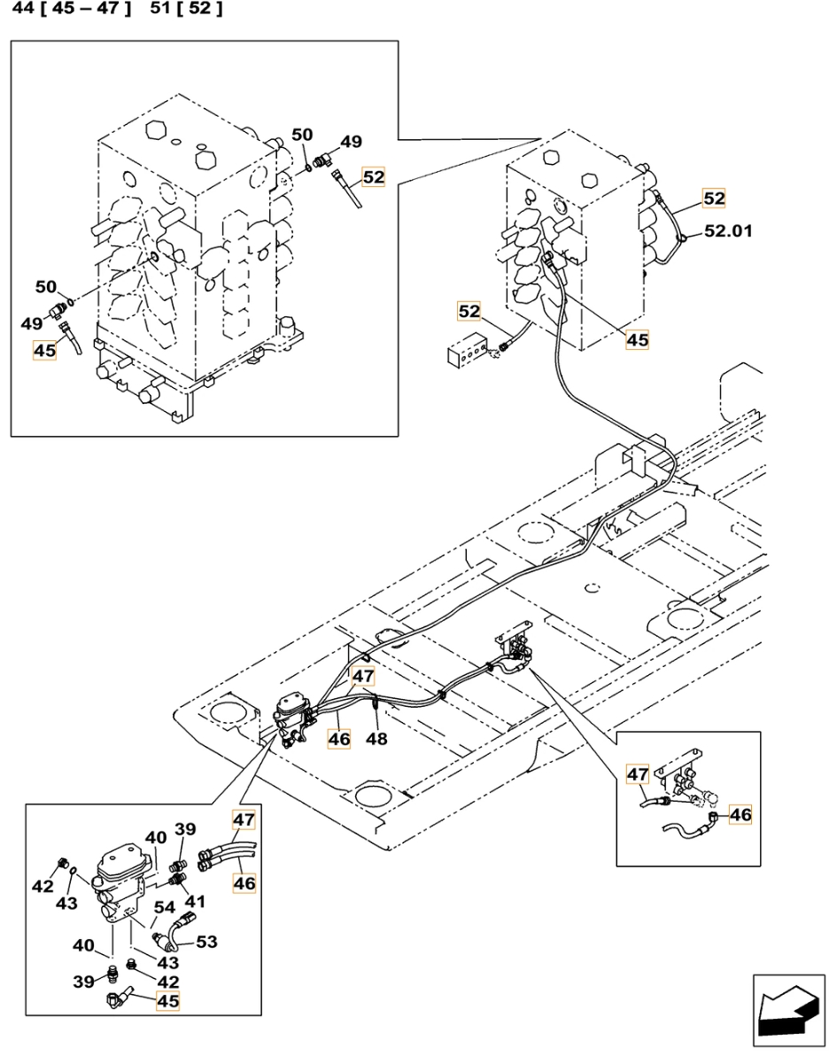 Case CX500C installation diagram showing hydraulic hose KHJ2050 at Pipe No. 47