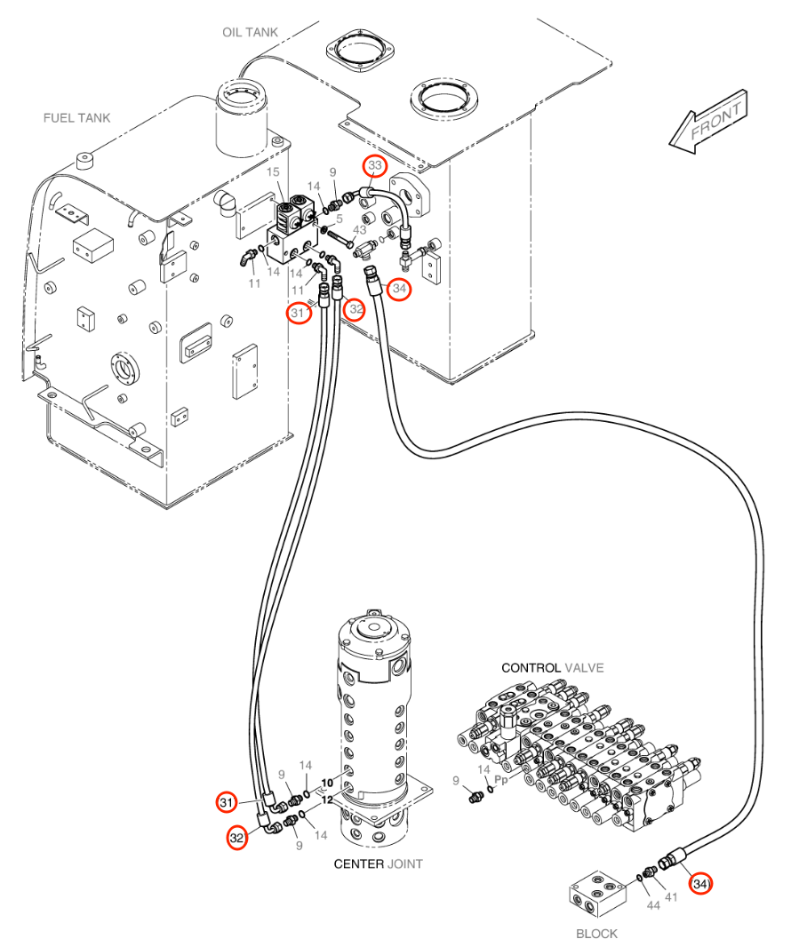 Doosan B55W-2 installation diagram showing hydraulic hose DS2093058 at Pipe No. 31