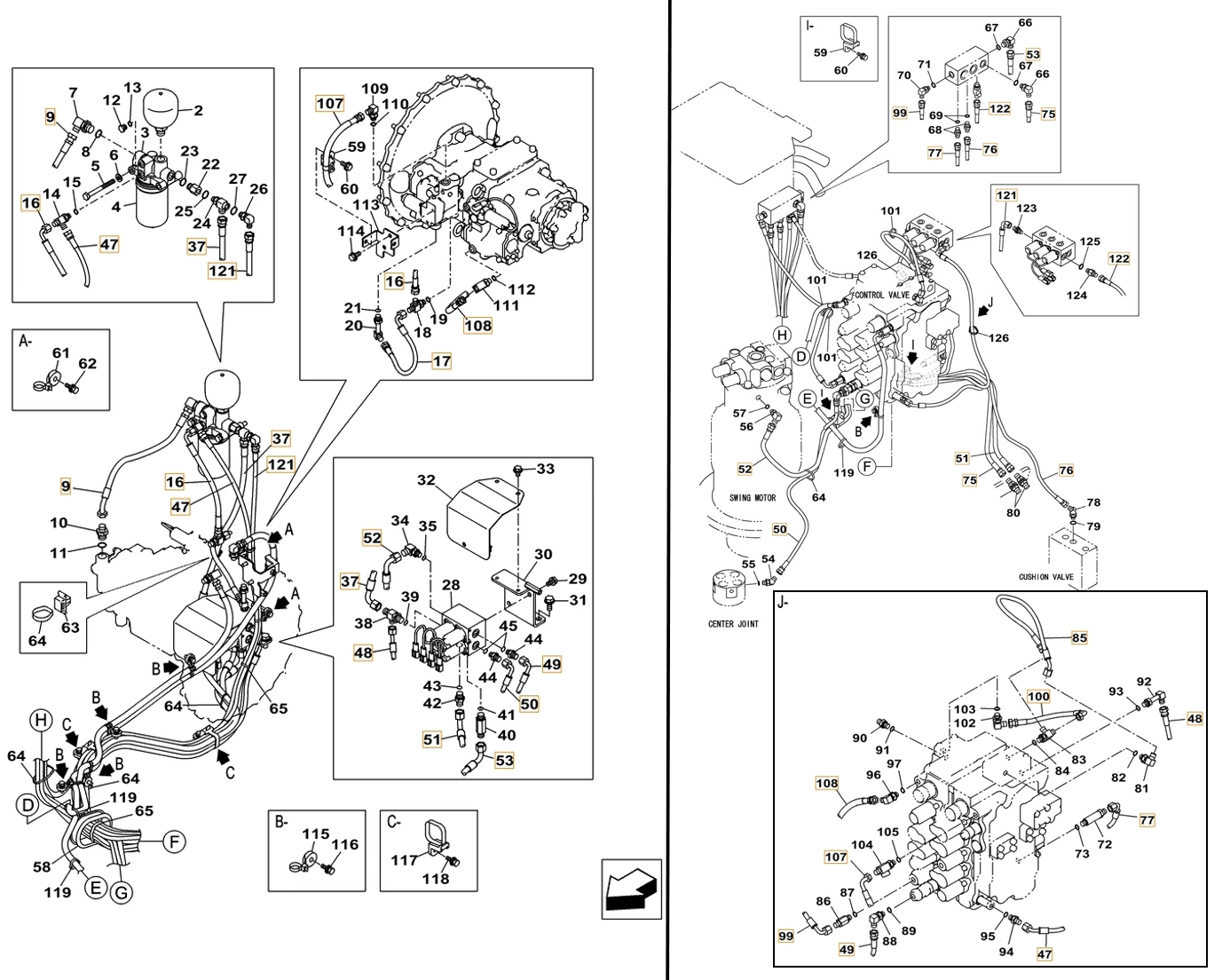 Case CX180C-8 LC installation diagram showing hydraulic hose KHJ2312 at Pipe No. 122