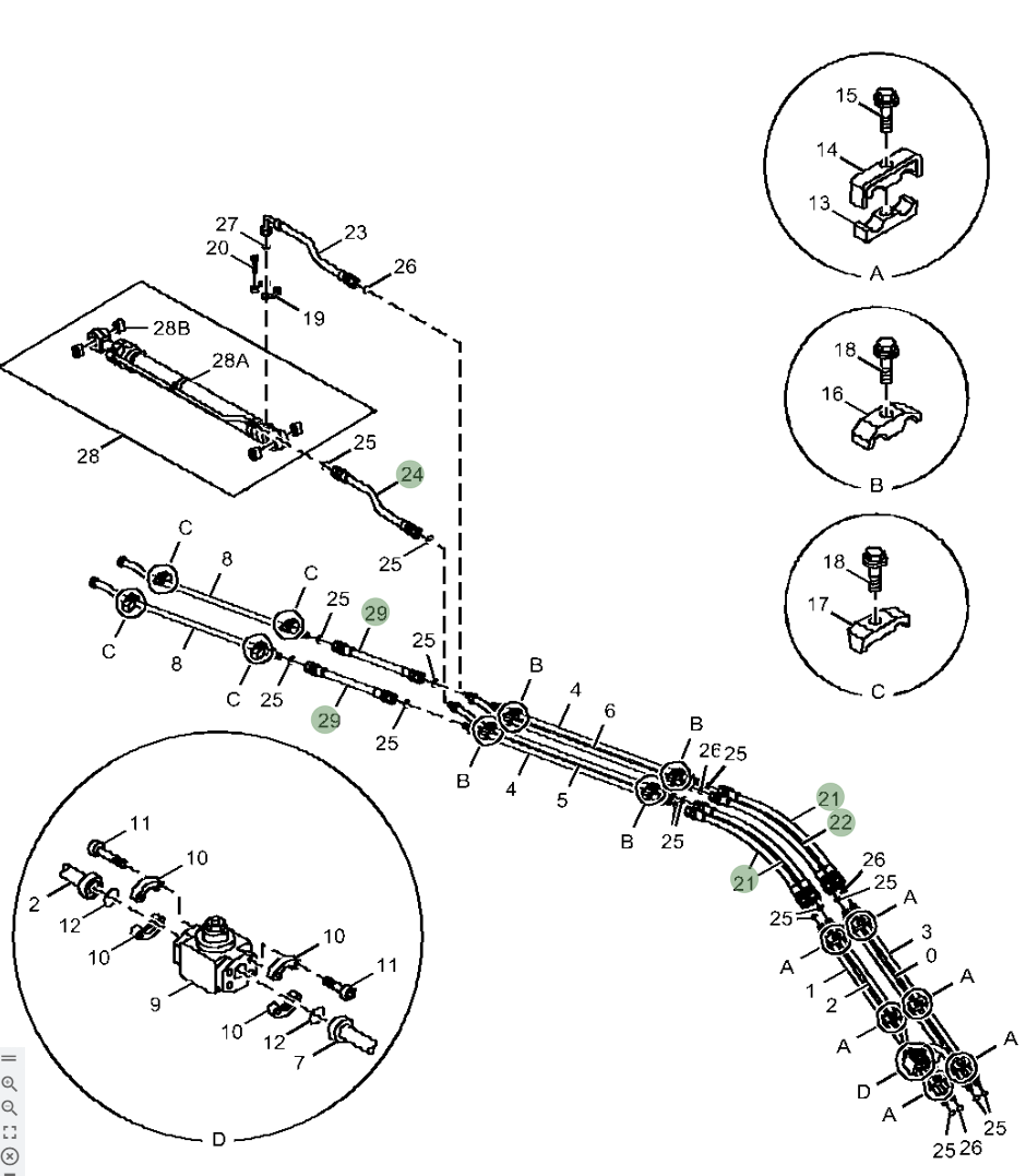 Hitachi ZX210LC-5G installation diagram showing hydraulic hose 4286269 at Pipe No. 21