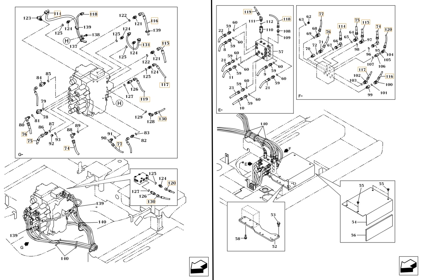 Case CX160C installation diagram showing hydraulic hose KHJ15490 at Pipe No. 76