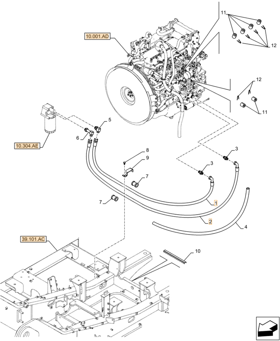 Case CX250D LC LR installation diagram showing hydraulic hose KBH10590 at Pipe No. 2