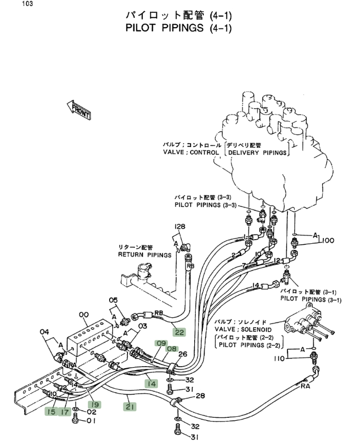 Hitachi EX400LC installation diagram showing hydraulic hose 4217369 at Pipe No. 17