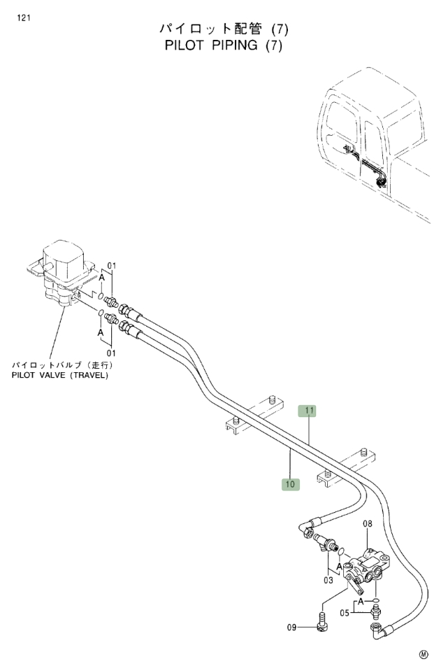 Hitachi EX330LC-5 installation diagram showing hydraulic hose 4346008 at Pipe No. 11