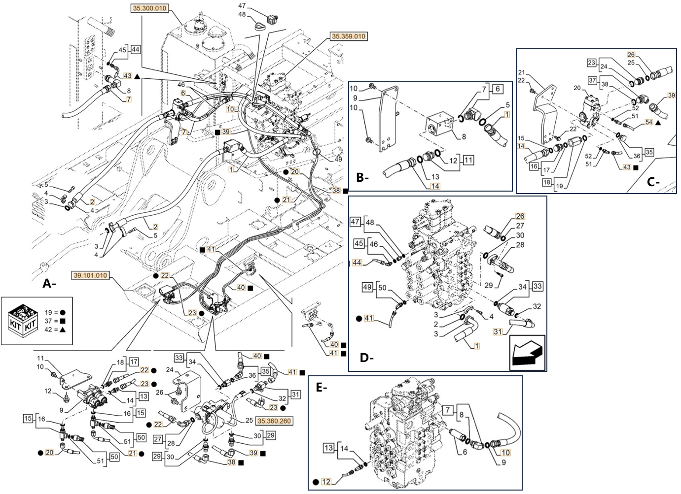 Case CX300E LC installation diagram showing hydraulic hose KHJ14650 at Pipe No. A41