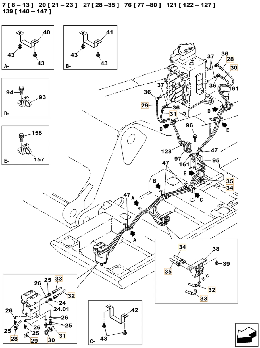 Case CX380C-8 LC installation diagram showing hydraulic hose KHJ18020 at Pipe No. 30