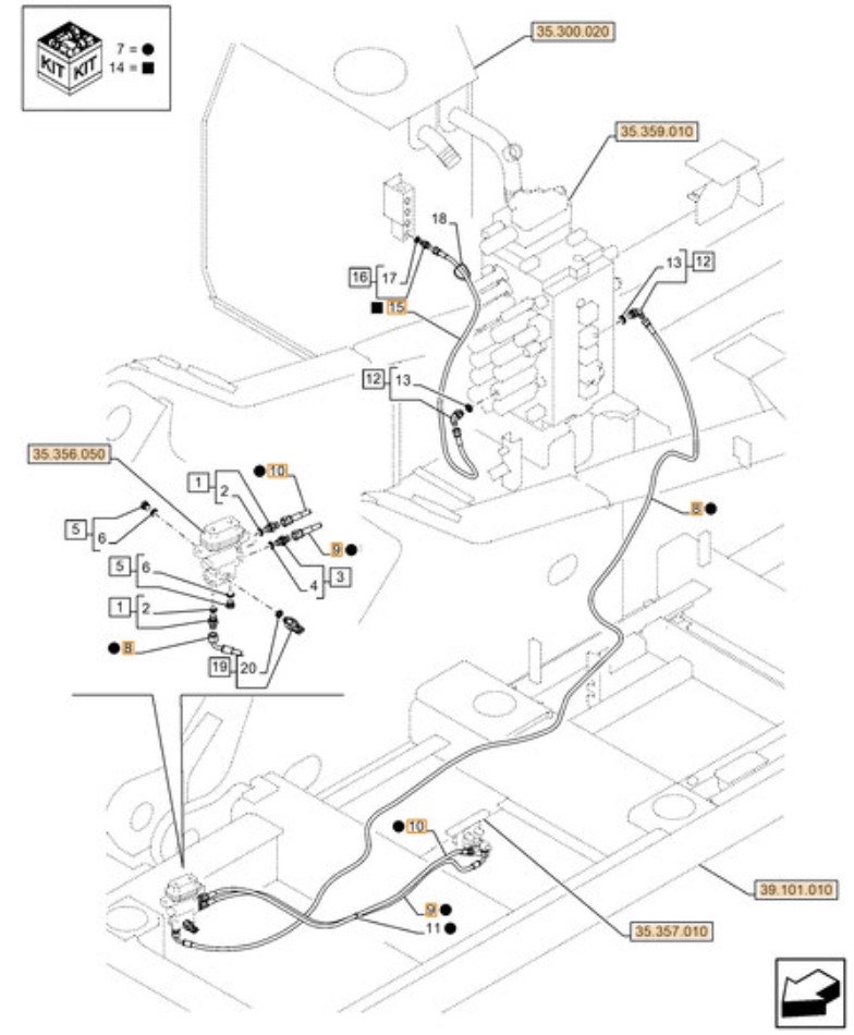 Case CX380D LC installation diagram showing hydraulic hose KHJ11500 at Pipe No. 8
