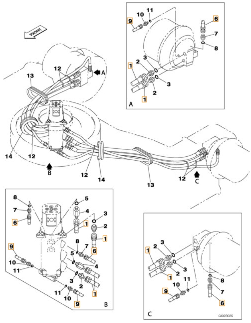 Case CX460 installation diagram showing hydraulic hose KTA1200 at Pipe No. 1