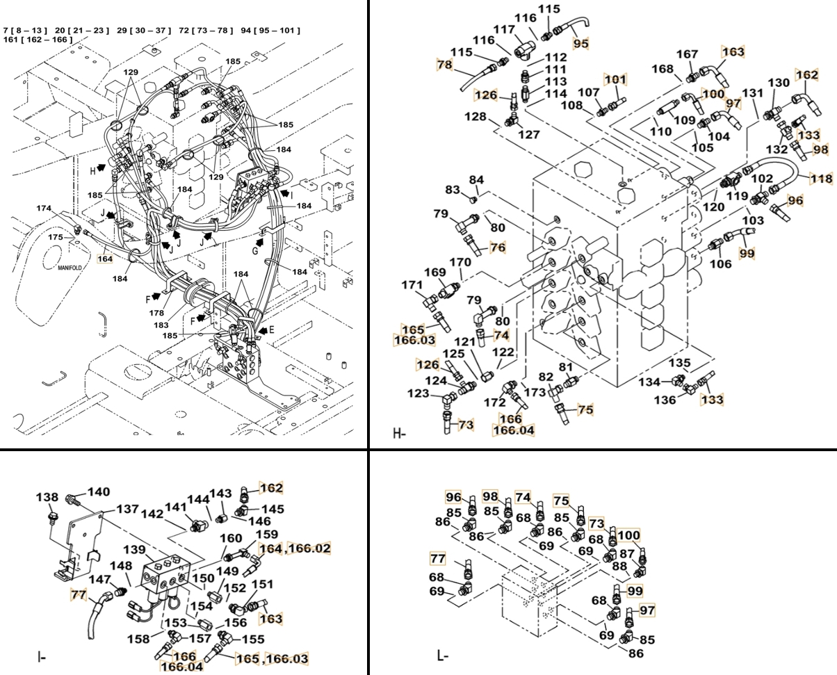 Case CX490C LC installation diagram showing hydraulic hose 159071A1 at Pipe No. 98
