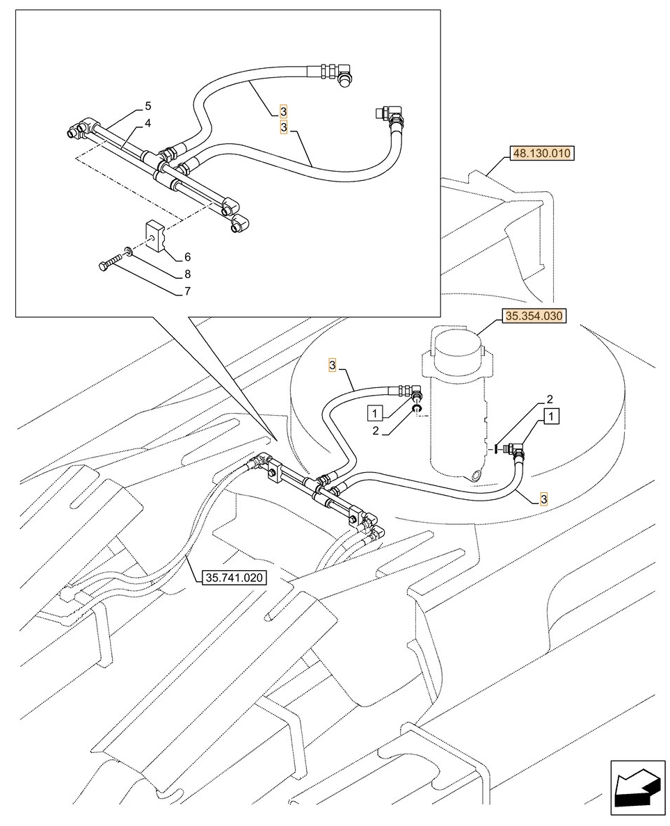Case CX145D SR 2PB installation diagram showing hydraulic hose KAV0390 at Pipe No. 3