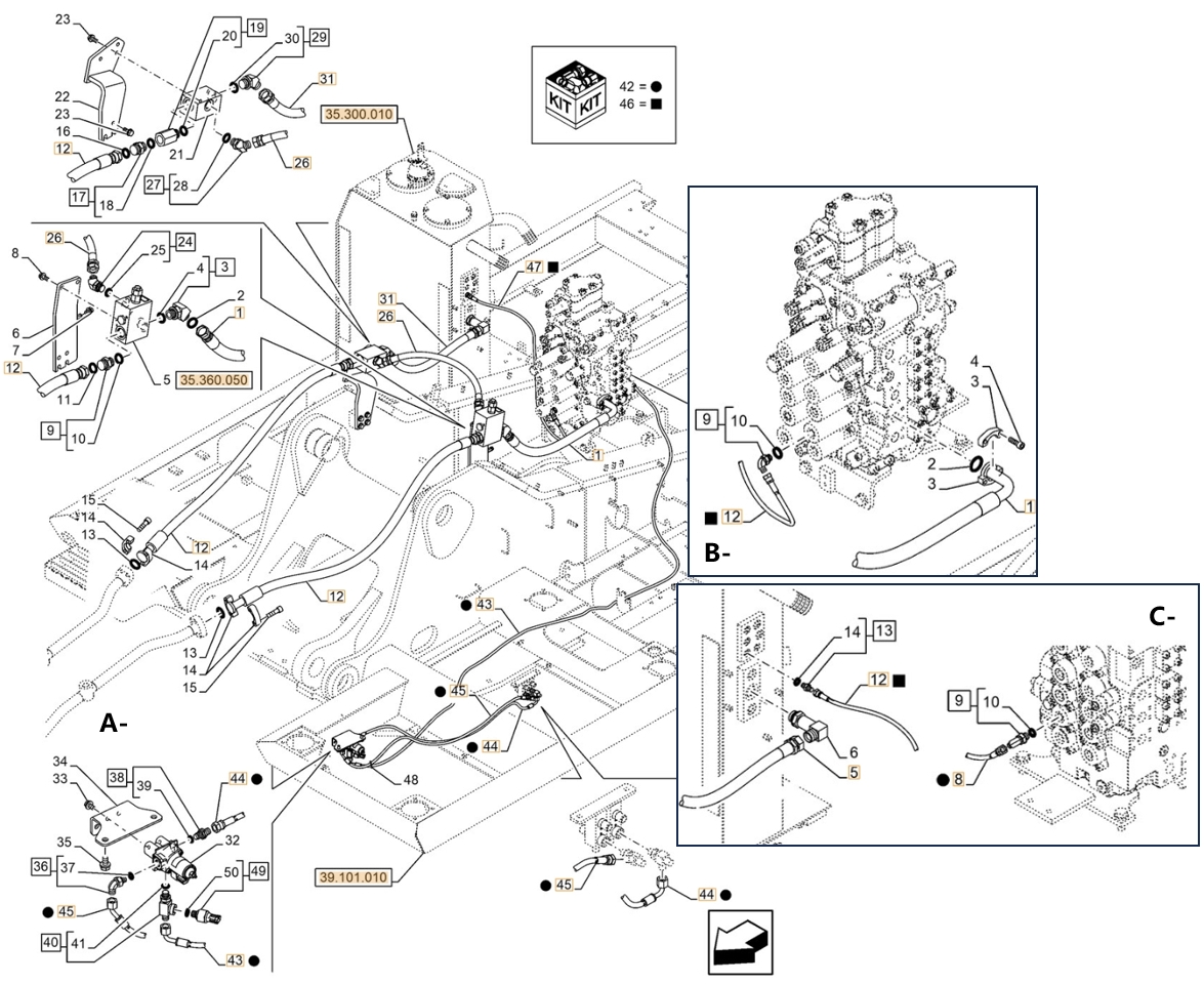 Case CX300E NLC installation diagram showing hydraulic hose KHJ18960 at Pipe No. A43-C8