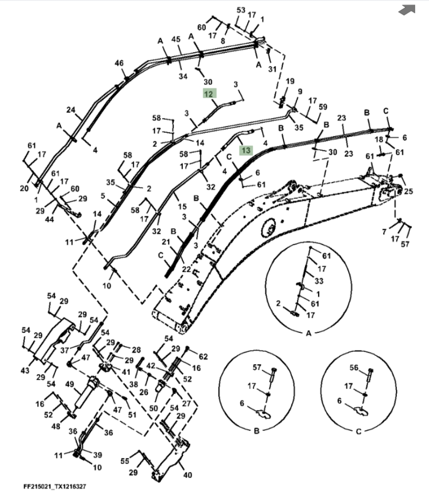Hitachi ZX210F-FE-6N installation diagram showing hydraulic hose 4676587 at Pipe No. 13
