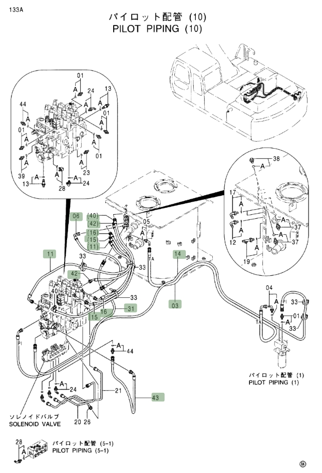 Hitachi EX330LC-5 installation diagram showing hydraulic hose 4386675 at Pipe No. 15