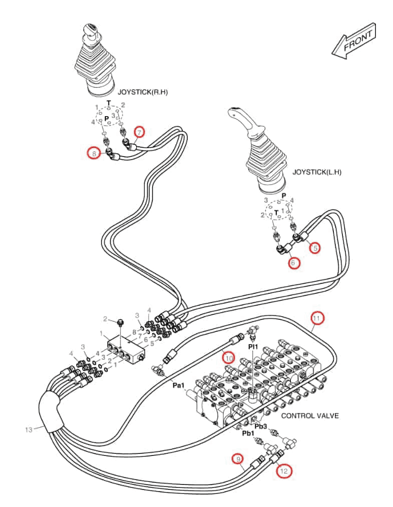 Doosan DX60R installation diagram showing hydraulic hose DS2093058 at Pipe No. 5