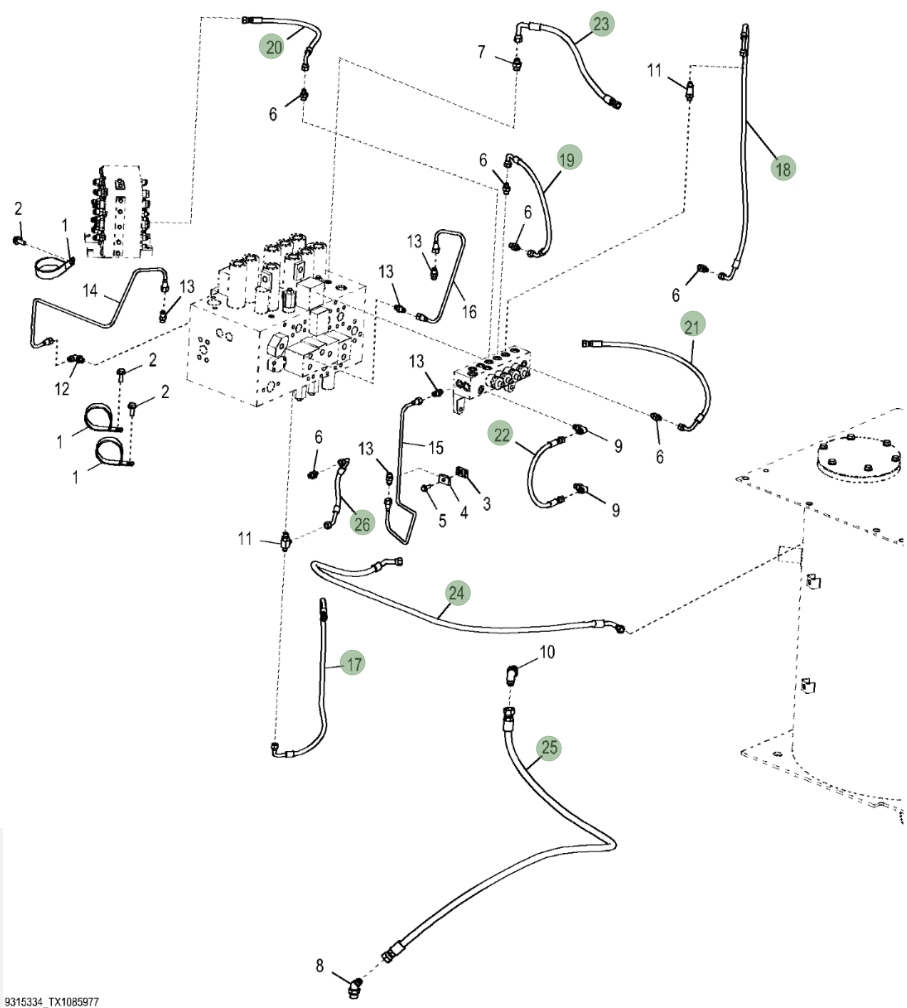 Hitachi ZX380LC-5N installation diagram showing hydraulic hose 4715421 at Pipe No. 18