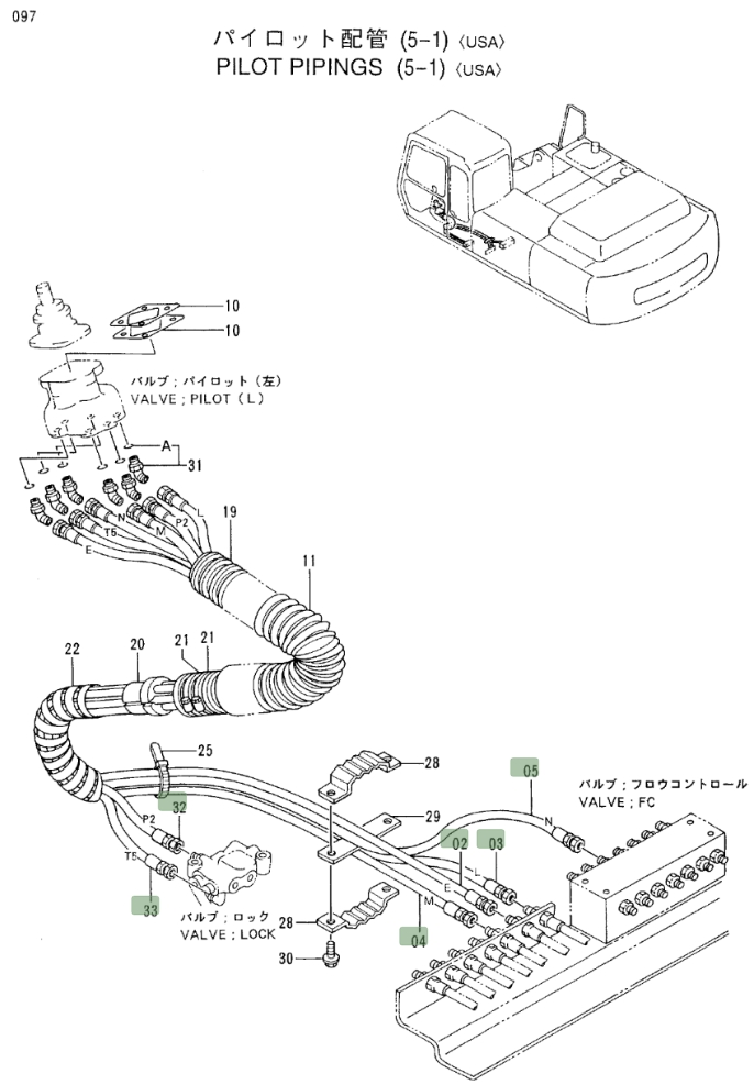 Hitachi EX300LC-3C installation diagram showing hydraulic hose 4304412 at Pipe No. 33