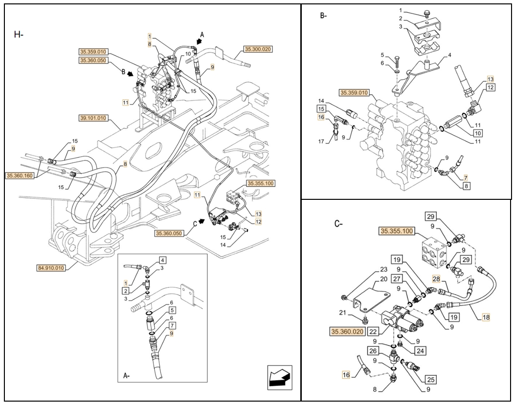 Case CX90D installation diagram showing hydraulic hose KHJ2291 at Pipe No. C28-H12