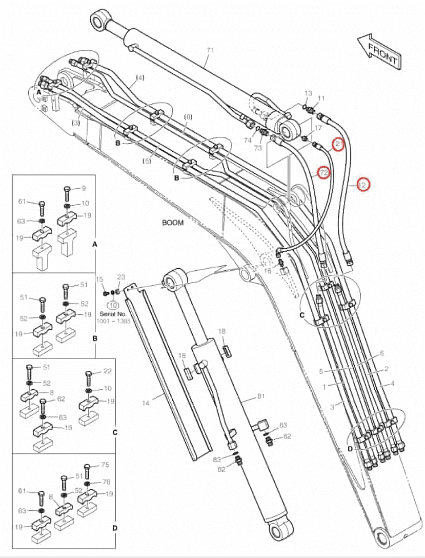 Doosan DX63-3 installation diagram showing hydraulic hose DS20551063 at Pipe No. 21