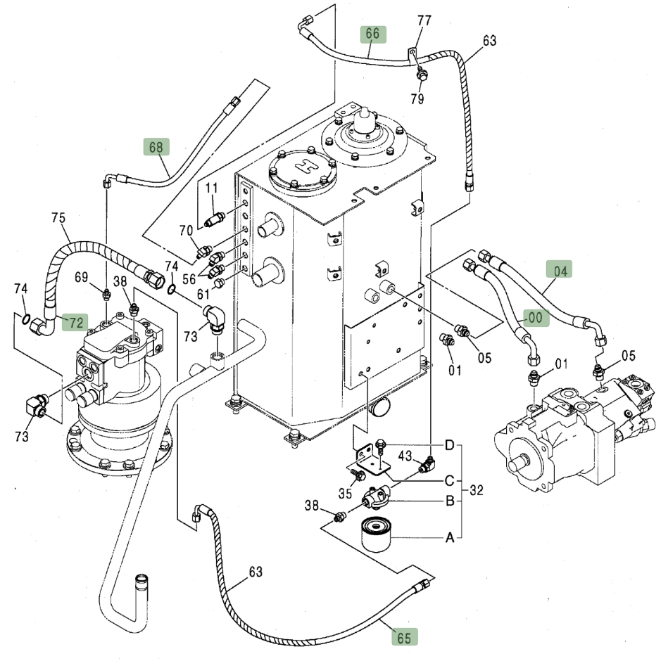 Hitachi ZX80 installation diagram showing hydraulic hose 4462116 at Pipe No. 65
