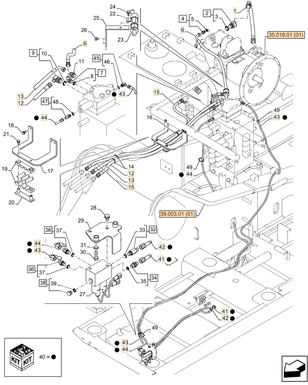 Case CX350C LC installation diagram showing hydraulic hose KHJ18110 at Pipe No. 43