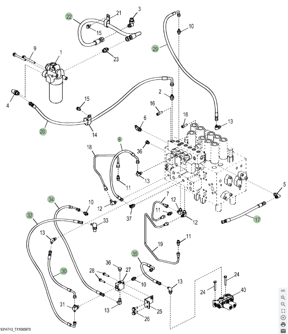 Hitachi ZX250LC-6N installation diagram showing hydraulic hose 4304470 at Pipe No. 22