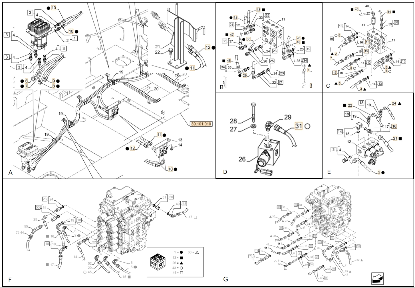 Case CX130D LC installation diagram showing hydraulic hose KHJ2088 at Pipe No. 46