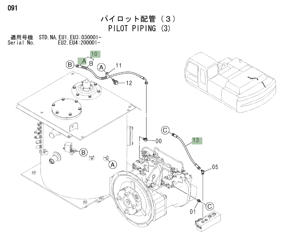Hitachi ZX330LC installation diagram showing hydraulic hose 4442331 at Pipe No. 13