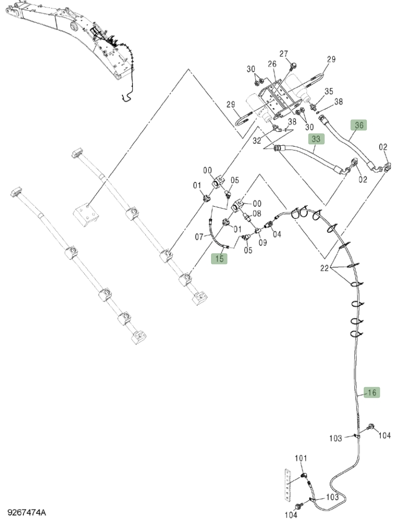 Hitachi ZX450LC-3 installation diagram showing hydraulic hose 4625603 at Pipe No. 16A