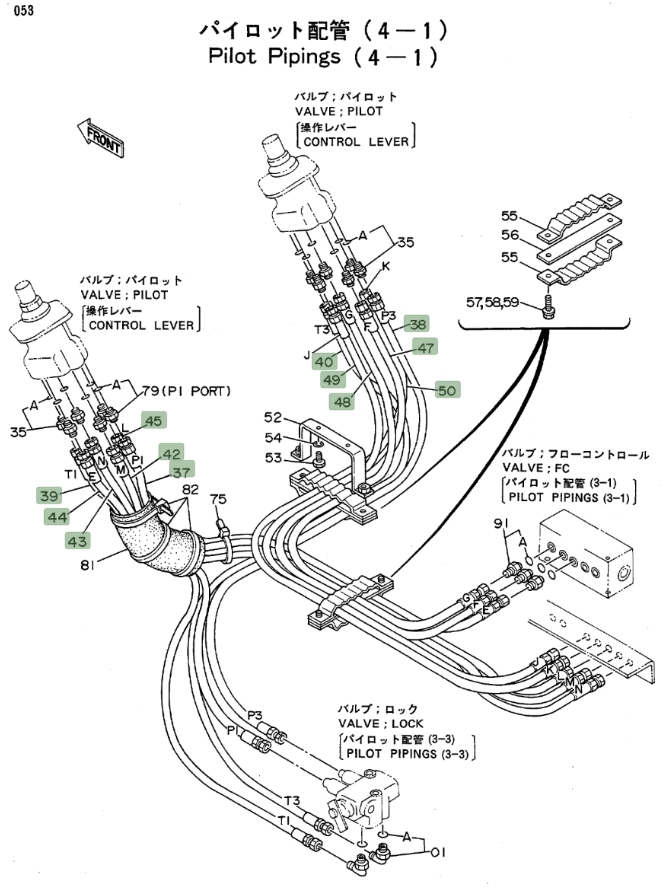 Hitachi EX100WD installation diagram showing hydraulic hose 4203028 at Pipe No. 40